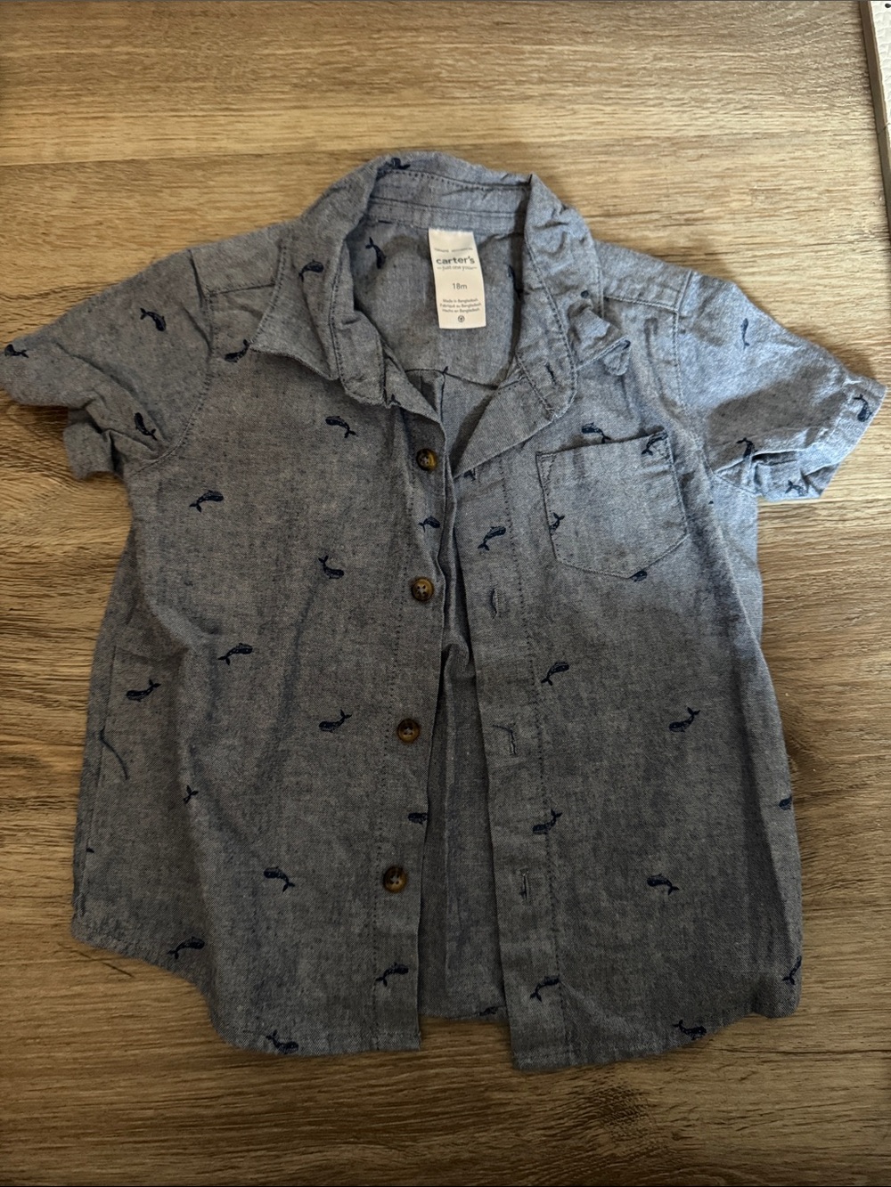 Carter's Toddler Short Sleeve Chambray Shirt in Light Blue with Whale Print